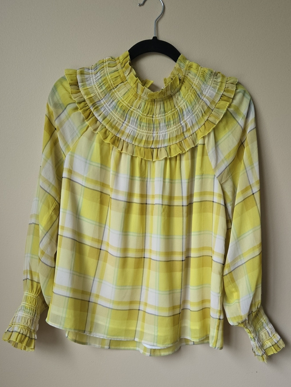 Yellow Plaid Ruffle-Neck Women’s Top